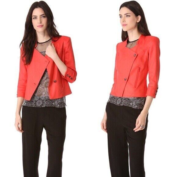Helmut Lang Women Moto Blazer Jacket 4 Red Linen Stretch Asymmetric Fitted Edgy - Picture 2 of 13
